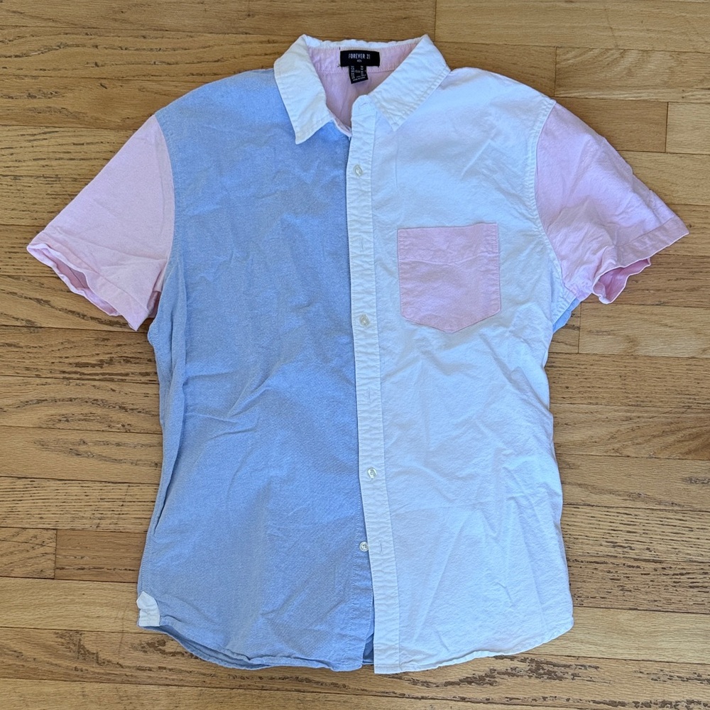 Forever 21 Men's Casual Shirt - Blue, Pink, and White